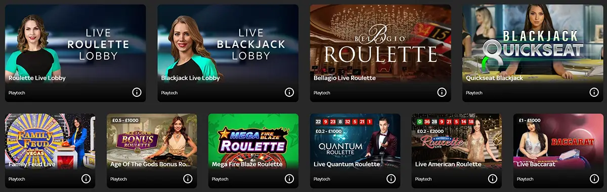 Sky Casino live games section