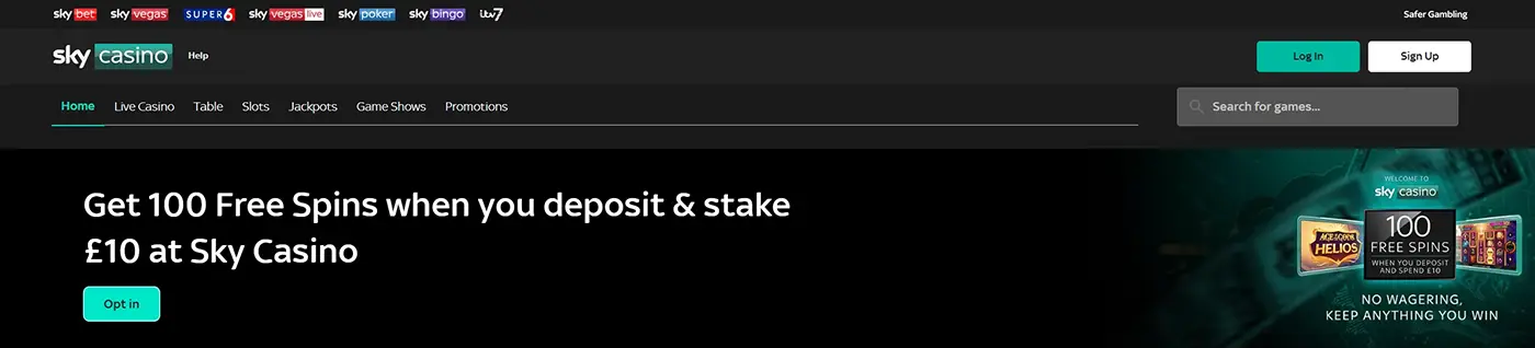 Sky Casino UK homepage